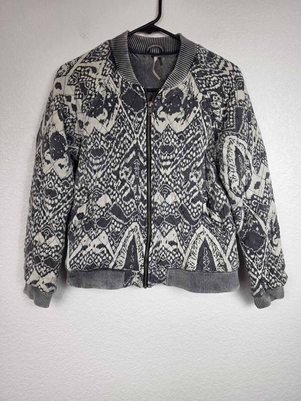 Free People Gray Patterned Bomber Jacket